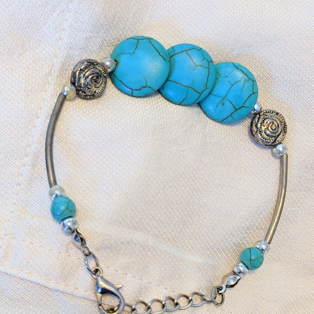 Rose Charm Bohemian Style Turquoise Silver Bracelet
